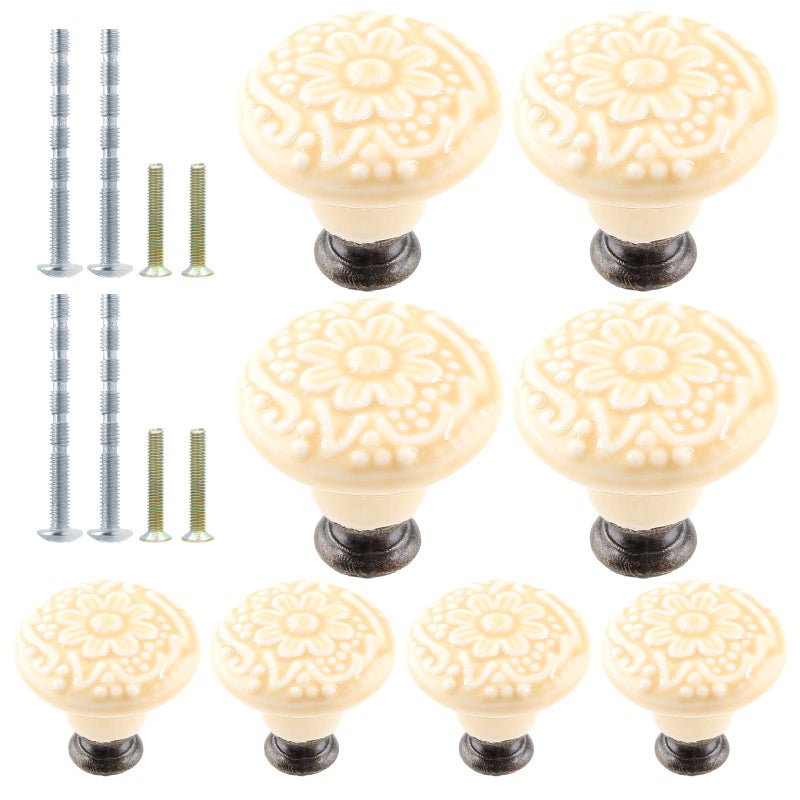 suiwotin 8pcs Beige Ceramic Knobs Vintage Kitchen Cabinet Pulls Retro Ceramic Dresser Knobs Decorative Drawer Pull Handles for Closet Cupboard Furniture Door Knob