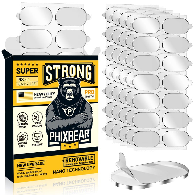PHIXBEAR Extra Large-Pro Mounting Putty No Residue with Pull Tab, Strong Double Sided Glue Adhesive Dots Clear Museum Sticky Tack, Picture Hanging Strips Fixed Decor Craft, 0.6 x 1.38 in (98 Pcs) - Image 1