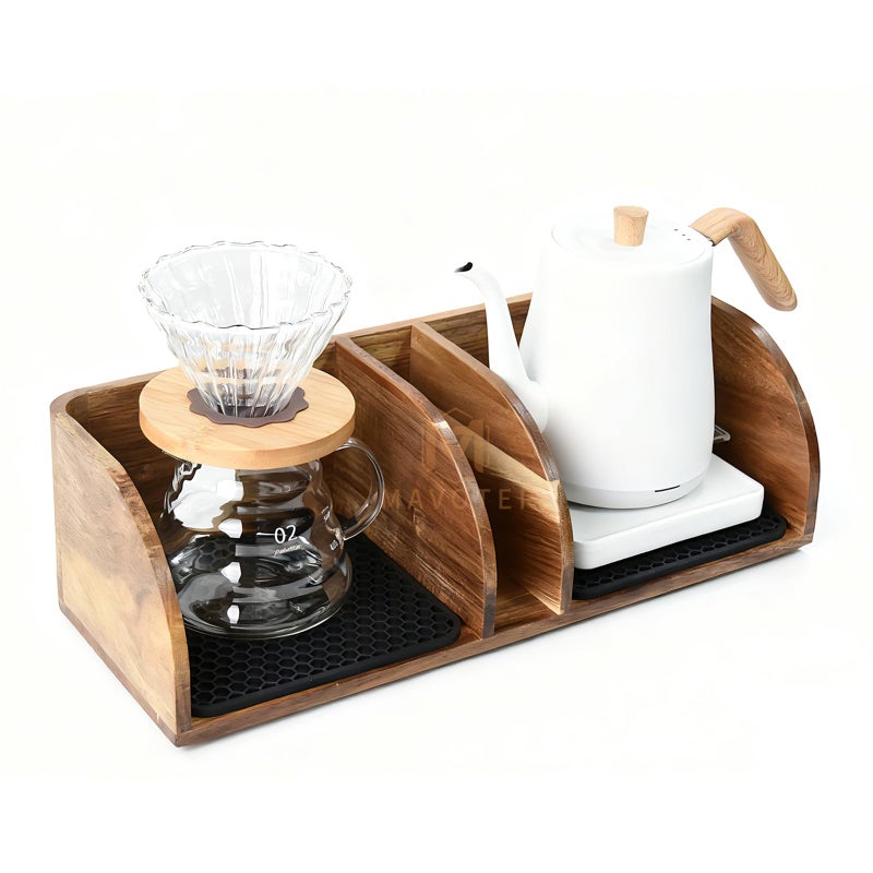 MAVOTER Acacia Coffee Bar Station Organizer Stand, Wooden Pour Over Maker Caddy Storage Organizers, Coffee Filter Holder for Countertop with Heatproof Mat (9.4*7*5.1 inch) Glass Cofee Maker not included - Image 1