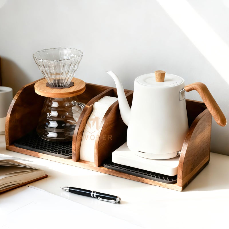 MAVOTER Acacia Coffee Bar Station Organizer Stand, Wooden Pour Over Maker Caddy Storage Organizers, Coffee Filter Holder for Countertop with Heatproof Mat (9.4*7*5.1 inch) Glass Cofee Maker not included - Image 2