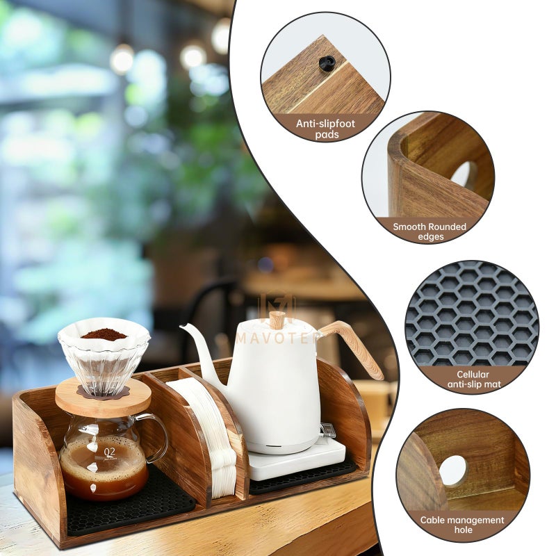 MAVOTER Acacia Coffee Bar Station Organizer Stand, Wooden Pour Over Maker Caddy Storage Organizers, Coffee Filter Holder for Countertop with Heatproof Mat (9.4*7*5.1 inch) Glass Cofee Maker not included - Image 4