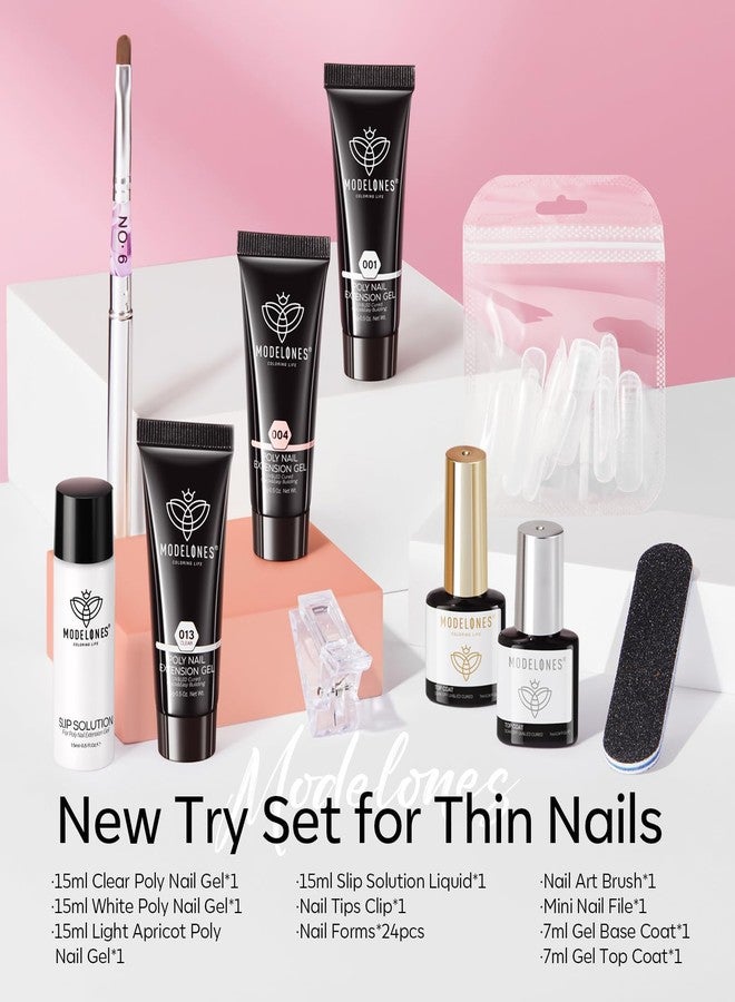 modelones مجموعة أظافر بولي جل من موديلونز 3 ألوان شفاف أبيض مشمش مع محلول الانزلاق أشكال أظافر مزدوجة طلاء أساسي وعلوي جل بناء تعزيز احترافي مجموعة بداية للاستخدام المنزلي في صالونات الأظافر - Image 2