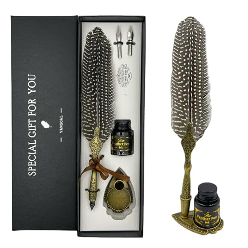 VANGOAL Vintage Feather Pen and Ink Set, Classic Series Pheasant Quill Pen with Carving Pen Stand, Calligraphy Pen Nibs, Black Dip Pen Ink, Antique Writing Gift for Writer - Image 1