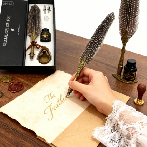 VANGOAL Vintage Feather Pen and Ink Set, Classic Series Pheasant Quill Pen with Carving Pen Stand, Calligraphy Pen Nibs, Black Dip Pen Ink, Antique Writing Gift for Writer - Image 3