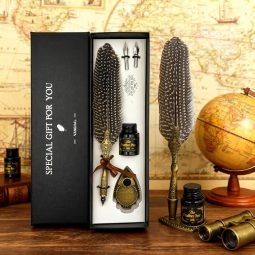 VANGOAL Vintage Feather Pen and Ink Set, Classic Series Pheasant Quill Pen with Carving Pen Stand, Calligraphy Pen Nibs, Black Dip Pen Ink, Antique Writing Gift for Writer - Image 4