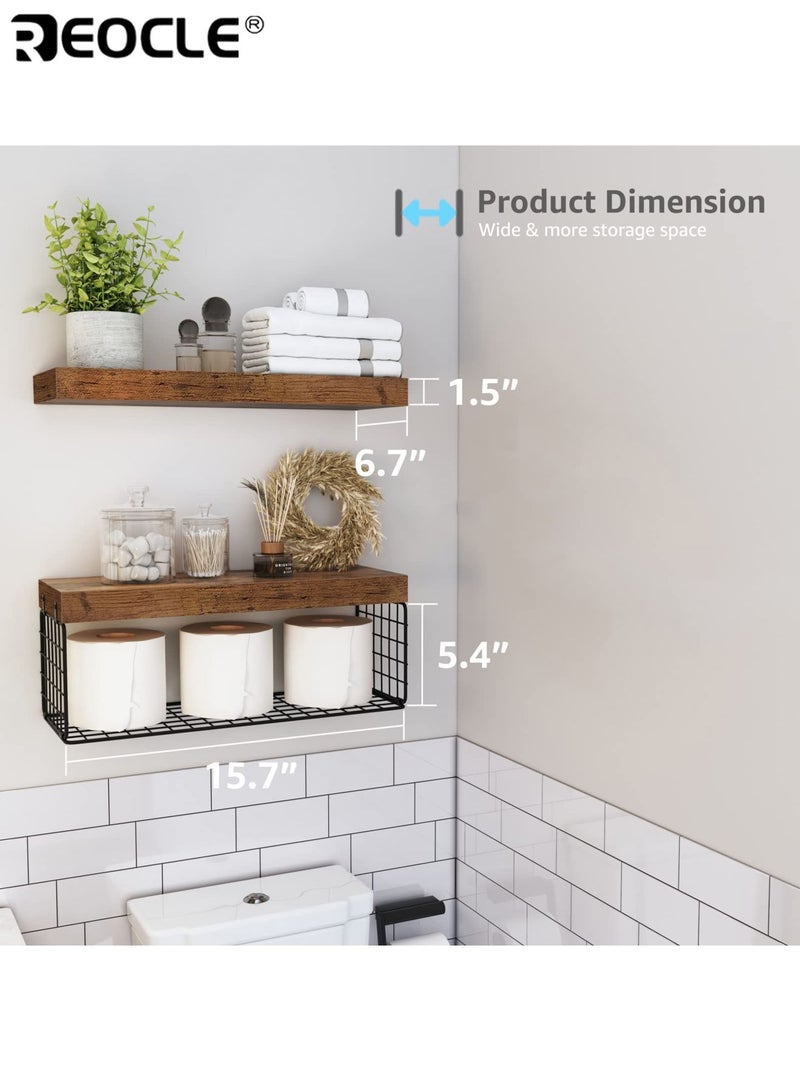 ريوكل 2 قطع من الرفوف فوق المرحاض لتخزين الورق، وتصميم مثبت على الحائط، ومنظم حمام ريفي مع مجموعة رفوف عائمة لديكور المساحات الصغيرة. - Image 3
