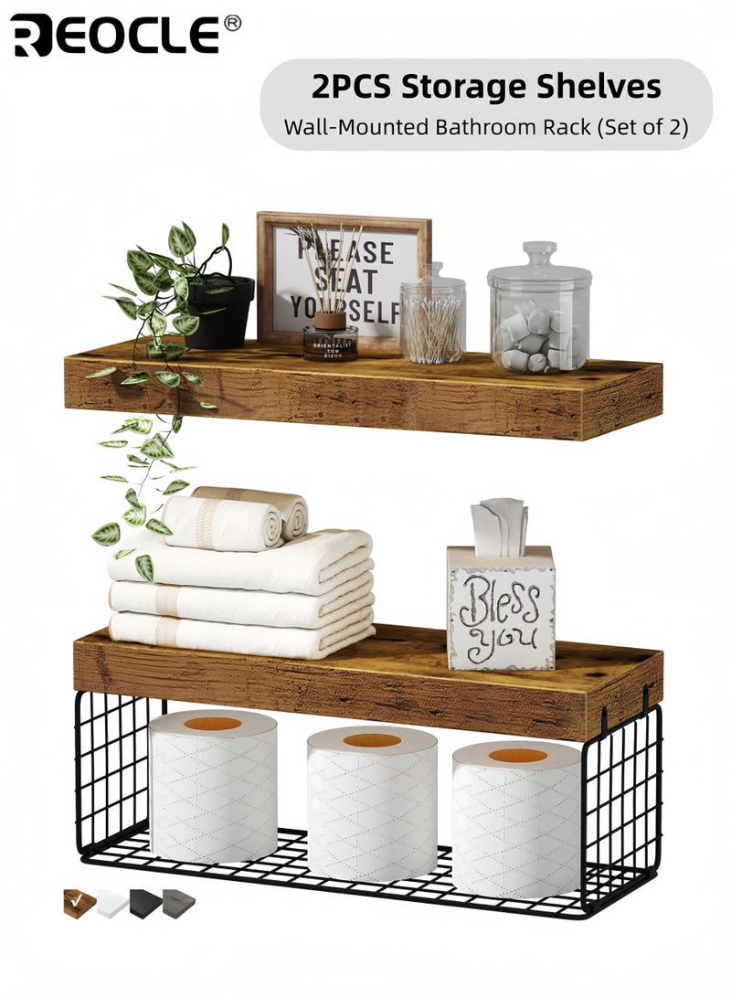 ريوكل 2 قطع من الرفوف فوق المرحاض لتخزين الورق، وتصميم مثبت على الحائط، ومنظم حمام ريفي مع مجموعة رفوف عائمة لديكور المساحات الصغيرة. - Image 1