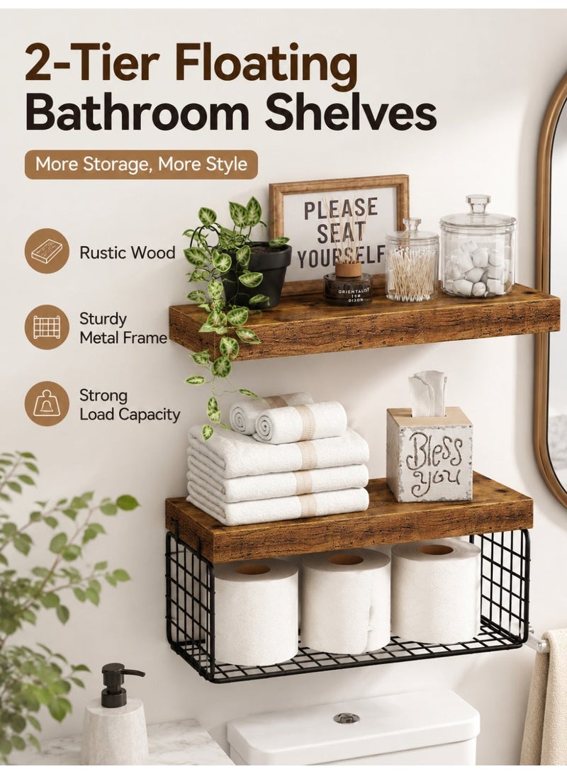REOCLE 2PCS Over Toilet Shelf with Paper Storage and Wall Mounted Design Farmhouse Bathroom Organizer with Floating Shelf Set for Small Space Decor - Image 1
