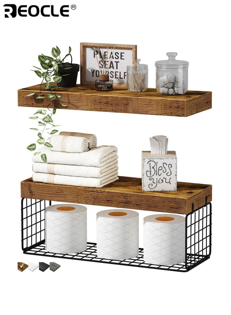 REOCLE 2PCS Over Toilet Shelf with Paper Storage and Wall Mounted Design Farmhouse Bathroom Organizer with Floating Shelf Set for Small Space Decor - Image 2