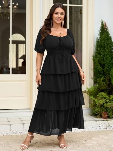 SCOMCHIC Womens Plus Size Maxi Dress Wedding Guest Cocktail Evening Party Elegant Short Sleeve Tiered Split Long Dresses Black - Image 4
