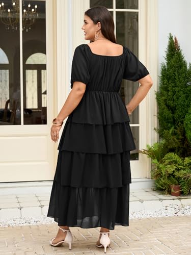 SCOMCHIC Womens Plus Size Maxi Dress Wedding Guest Cocktail Evening Party Elegant Short Sleeve Tiered Split Long Dresses Black - Image 5