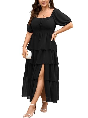 SCOMCHIC Womens Plus Size Maxi Dress Wedding Guest Cocktail Evening Party Elegant Short Sleeve Tiered Split Long Dresses Black - Image 1