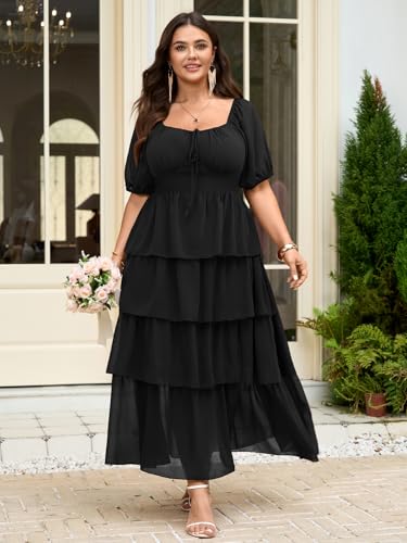 SCOMCHIC Womens Plus Size Maxi Dress Wedding Guest Cocktail Evening Party Elegant Short Sleeve Tiered Split Long Dresses Black - Image 3