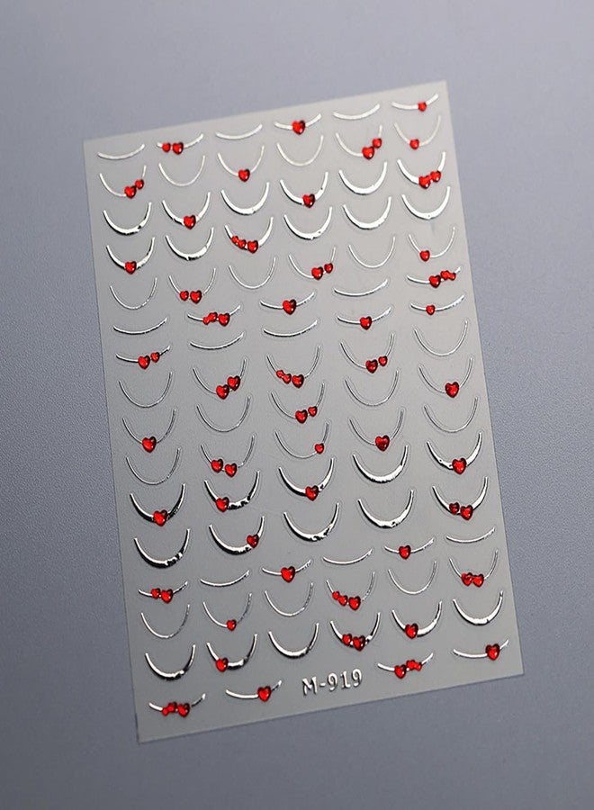 FDSQHSA 1 Sheets 5D French Tip Nail Stickers Self Adhesive Embossed Silver French Nail Art Stickers with Red Heart Design Line Nail Decals Nail Design Stickers for Women Nail Decoration - Image 5