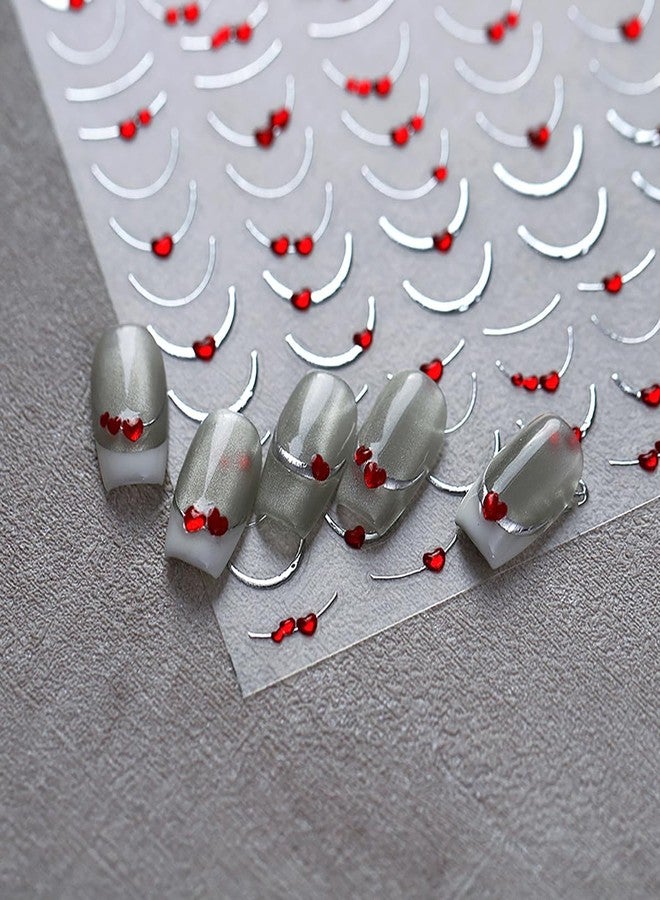 FDSQHSA 1 Sheets 5D French Tip Nail Stickers Self Adhesive Embossed Silver French Nail Art Stickers with Red Heart Design Line Nail Decals Nail Design Stickers for Women Nail Decoration - Image 2