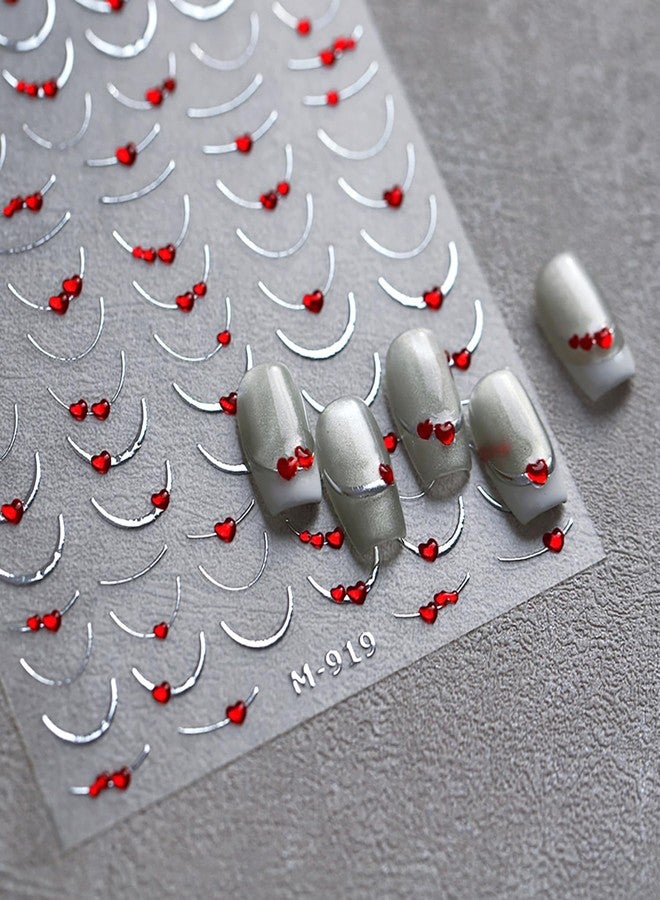 FDSQHSA 1 Sheets 5D French Tip Nail Stickers Self Adhesive Embossed Silver French Nail Art Stickers with Red Heart Design Line Nail Decals Nail Design Stickers for Women Nail Decoration - Image 1