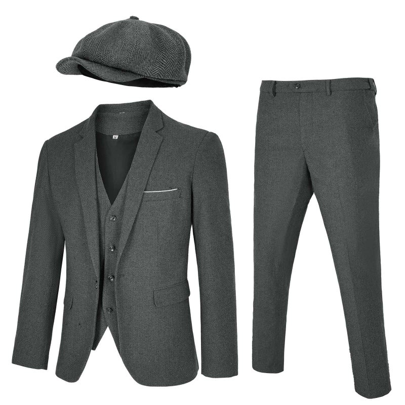 HIGAKI Men's 4 Piece 1920s Suit One Button Vintage Suit,Jacket Vest Pants with Hat(2XL, Z3727GY) - Image 1