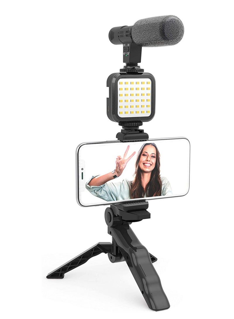 Vlogging"Like Me" LED Video Light + Microphone + Mobile Phone Holder + Hand Grip/Mini Tripod Compatible with Smartphones for TikTok - Image 1