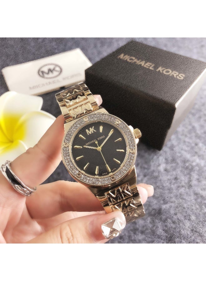 ام كي Michael Kors Women's Gold - Tone Watch with Crystal - Embellished Bezel and Logo - Detailed Bracelet