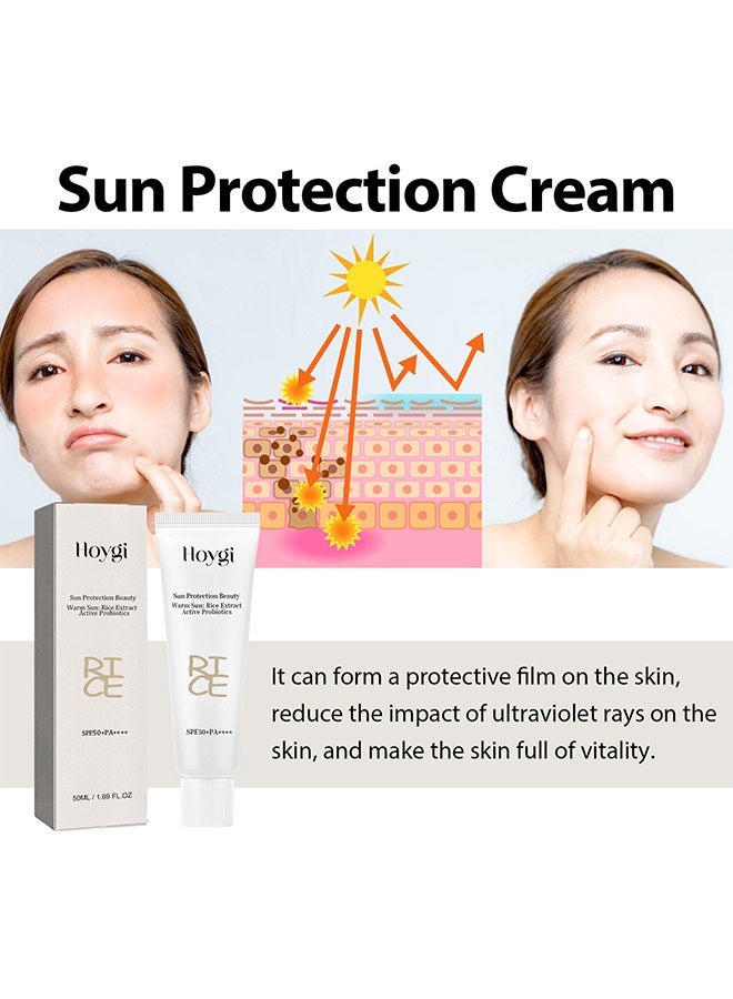 هويجي جمال بحماية من الشمس، واقي شمس أرز لتخفيف الشمس، للوجه SPF50 تركيبة كورية PA لجميع أنواع البشرة، عناية بالوجه، حماية من الأشعة فوق البنفسجية، تغذية للبشرة 50 مل - Image 5