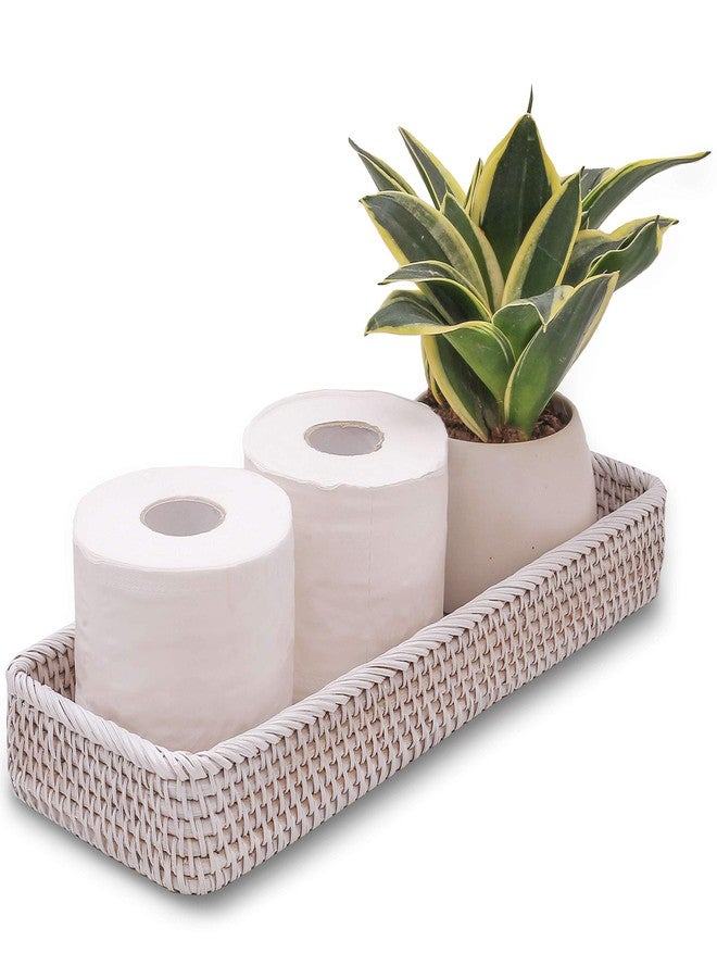 CELEZAR Rattan Toilet Tank Basket Guest Towel Napkin Woven Holder for Serving Organizing Bread Shelves Bathroom Counter Organizers and Storage Decorative Wicker Tray (17 x 6 x 2 inches, White Wash) - Image 1