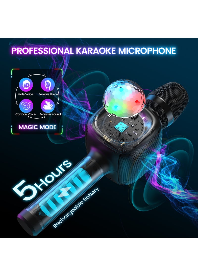 bopmen - Wireless Bluetooth Karaoke Microphone & Speaker with Disco Ball Light,4 Voice-Changing Modes Handheld Mic Speaker for Party Adults and Kids - Black - Image 1