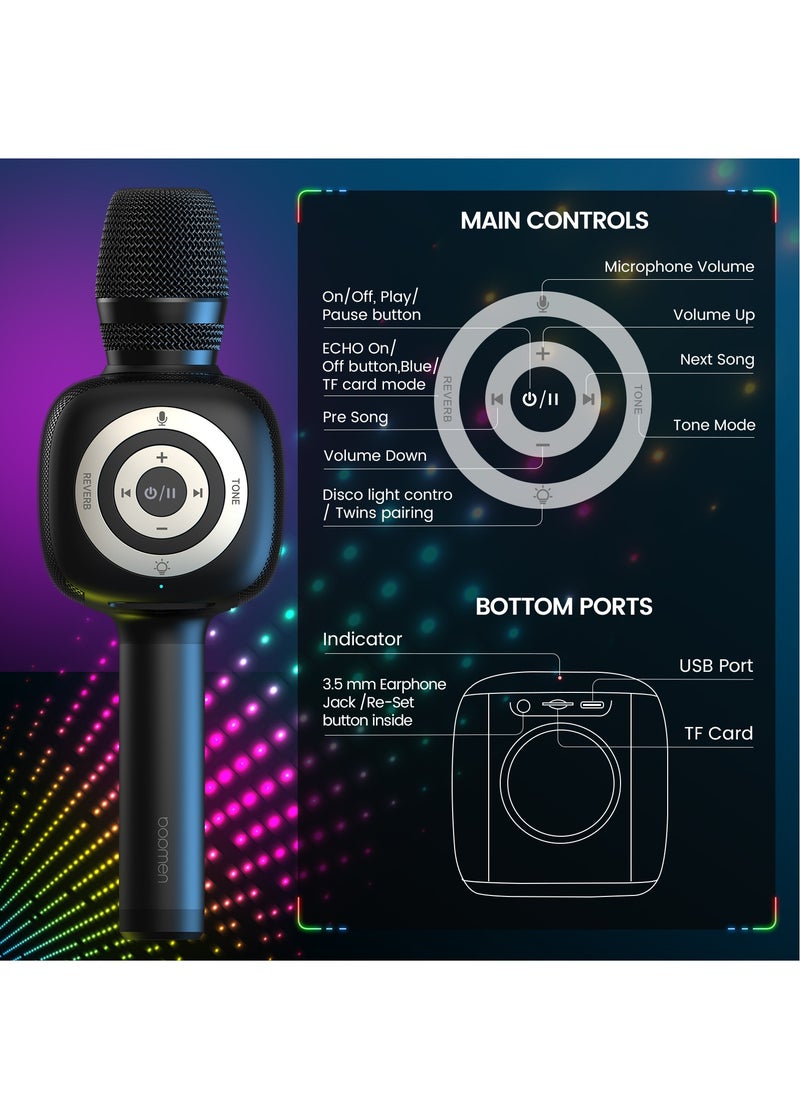 bopmen - Wireless Bluetooth Karaoke Microphone & Speaker with Disco Ball Light,4 Voice-Changing Modes Handheld Mic Speaker for Party Adults and Kids - Black - Image 1