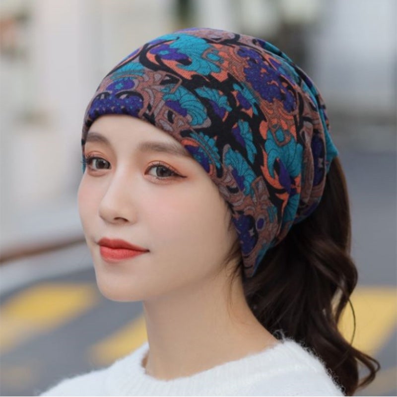 Versatile Autumn Winter Twist Scarf Cap No. 10 large blue and black flowers 