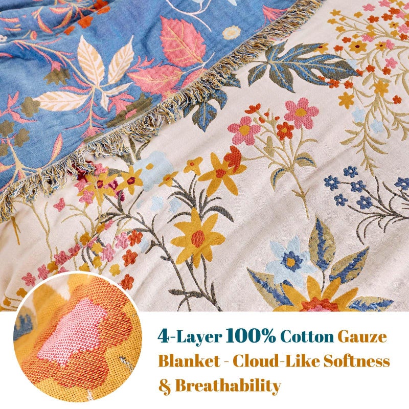 MSGKV Boho Throw Blanket for Bed 60"x80" Cotton Floral Twin Size Blanket Lightweight Farmhouse Muslin Spring Breathable Couch Blankets Home Decor All Seasons - Image 3