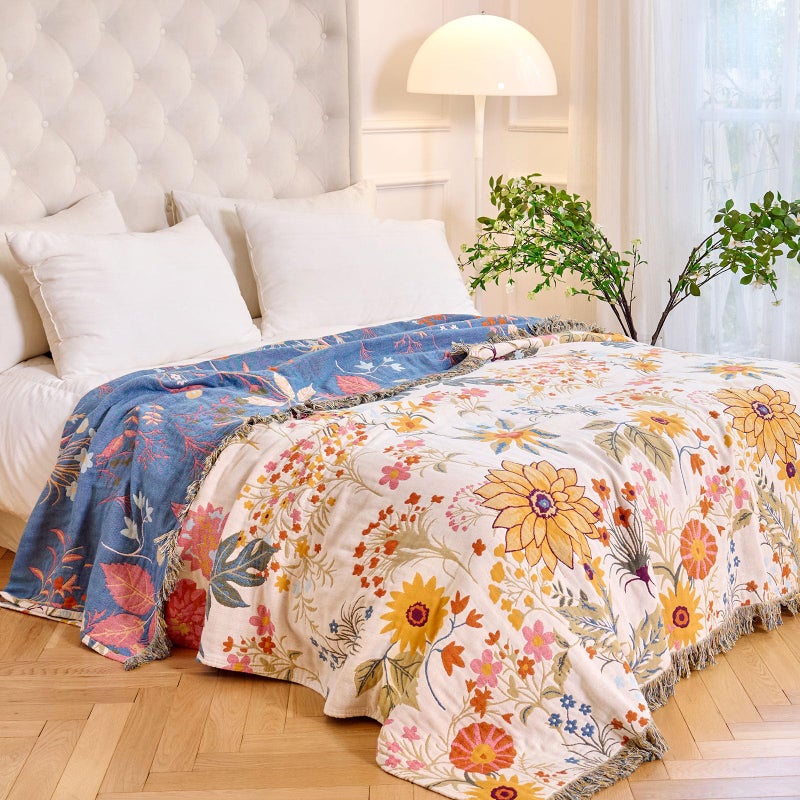 MSGKV Boho Throw Blanket for Bed 60"x80" Cotton Floral Twin Size Blanket Lightweight Farmhouse Muslin Spring Breathable Couch Blankets Home Decor All Seasons - Image 5