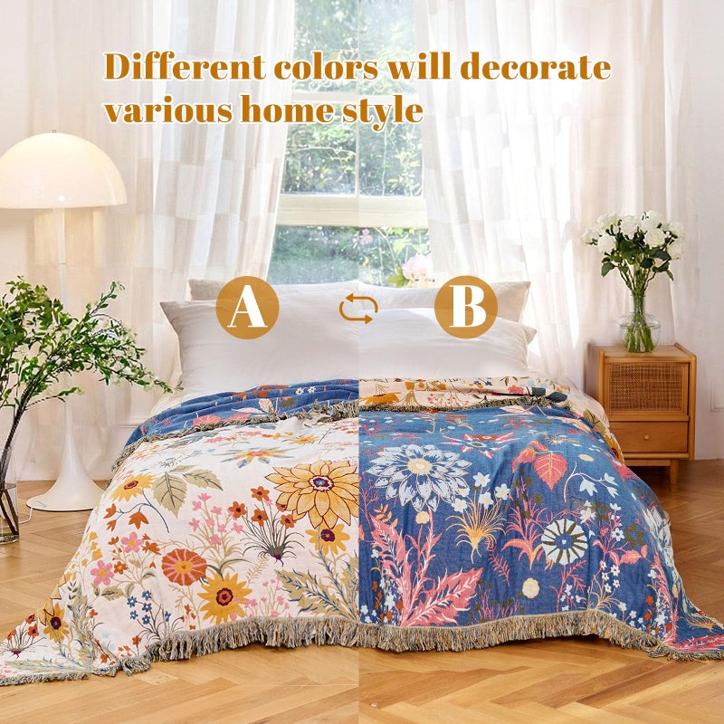 MSGKV Boho Throw Blanket for Bed 60"x80" Cotton Floral Twin Size Blanket Lightweight Farmhouse Muslin Spring Breathable Couch Blankets Home Decor All Seasons - Image 4