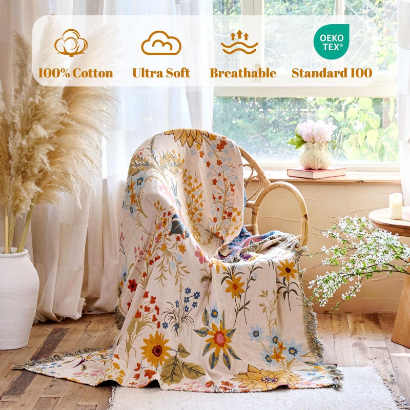 MSGKV Boho Throw Blanket for Bed 60"x80" Cotton Floral Twin Size Blanket Lightweight Farmhouse Muslin Spring Breathable Couch Blankets Home Decor All Seasons - Image 2