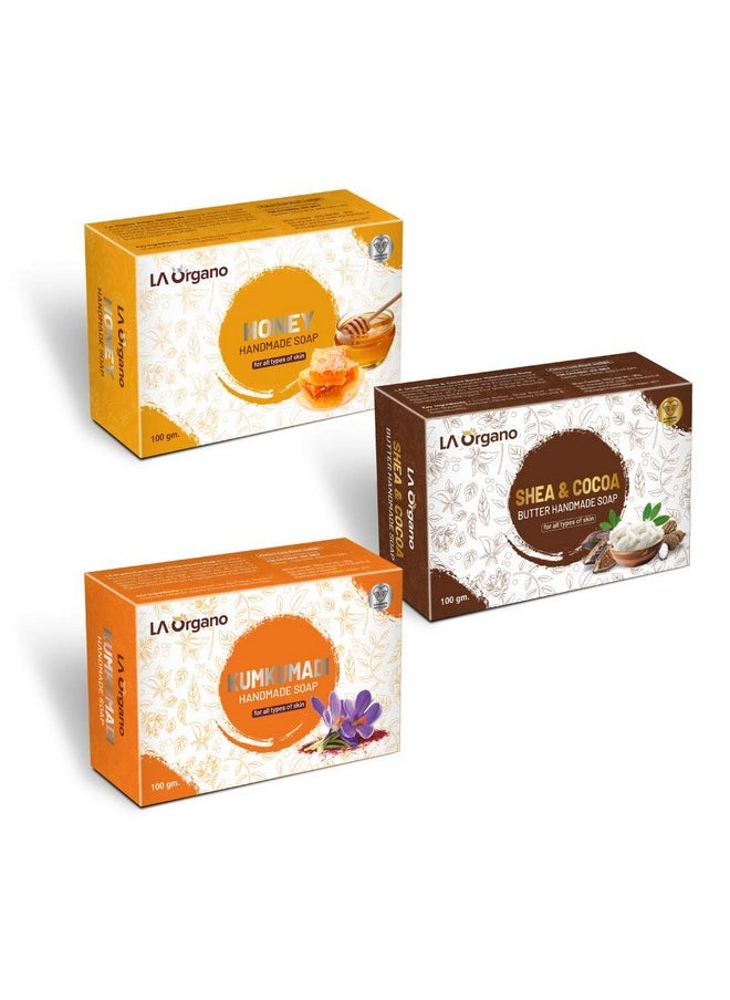 LA Organo LA Organo Handmade Honey, Shea Cocoa & Kumkumadi Bath Soap (100g each, Pack Of 3)  - Image 1