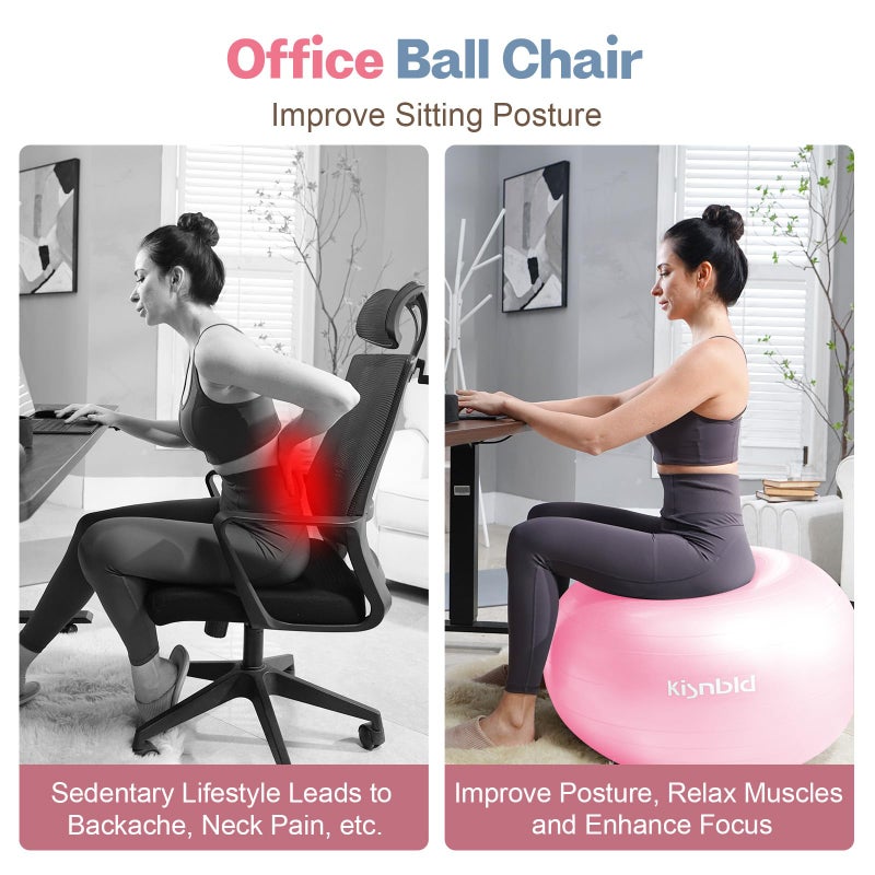 kisnbld Exercise Ball, Extra Thick Yoga Ball for Workout Pregnancy Stability, 4 Sizes Anti-Burst Balance Ball with Foot Pump - Heavy Duty Fitness Ball Chair for Office, Home & Gym - Image 3