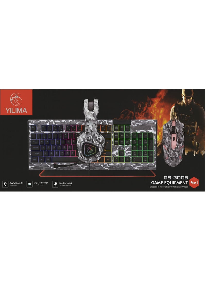 YILIMA 4-in-1 Professional Gaming Combo – RGB Keyboard + Gaming Mouse + Stereo Headset + Camo Mouse Pad