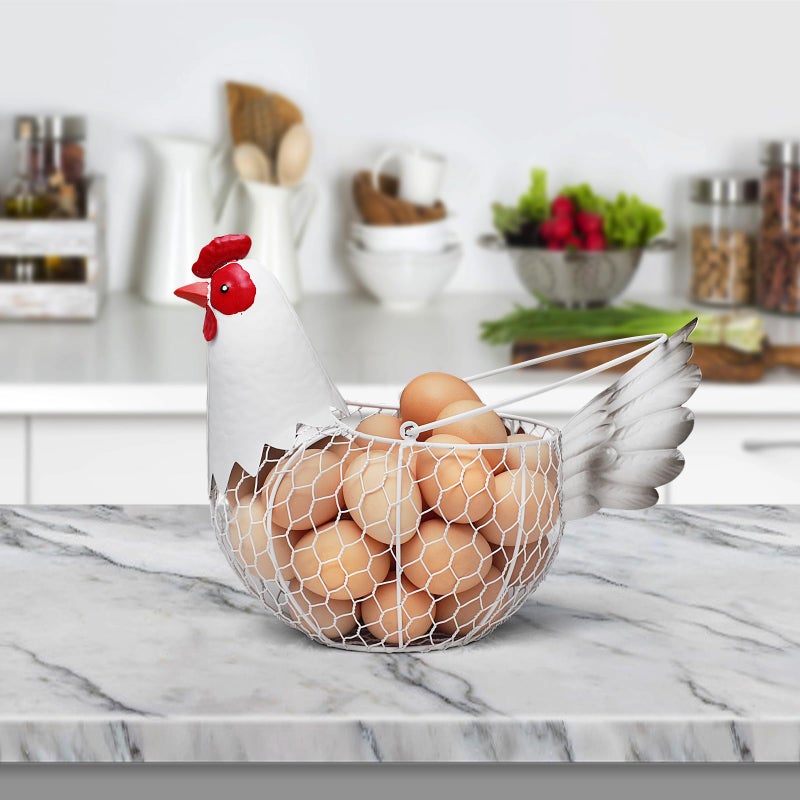 FJAXLJGYP Farmhouse Rustic White Chicken Wire Metal Egg Basket With Handle,Vintage Rooster Decorative Chicken Shaped Fruit Basket Bowl for Kitchen Countertop Living Room Home Farm Table Decor - Image 2