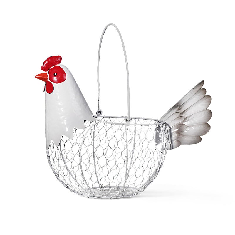 FJAXLJGYP Farmhouse Rustic White Chicken Wire Metal Egg Basket With Handle,Vintage Rooster Decorative Chicken Shaped Fruit Basket Bowl for Kitchen Countertop Living Room Home Farm Table Decor - Image 1