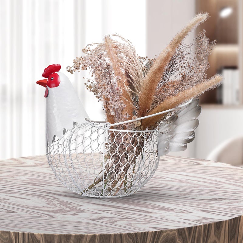 FJAXLJGYP Farmhouse Rustic White Chicken Wire Metal Egg Basket With Handle,Vintage Rooster Decorative Chicken Shaped Fruit Basket Bowl for Kitchen Countertop Living Room Home Farm Table Decor - Image 5