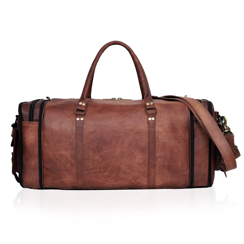 cuero حقيبة سفر يدوية الصنع بتصميم عتيق 30 بوصة دفل رياضية حقيبة جيم حقيبة نهاية الأسبوع سفر حقيبة حمل واحدة للرجال (30 بوصة كبيرة) - Image 5