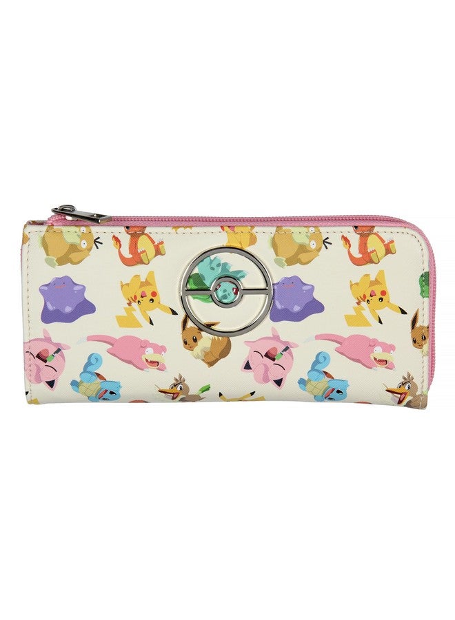 Bioworld Pokemon Allover Character Zip Around Closure Faux Leather Wallet For Women W Metal Pokeball Logo - Image 1