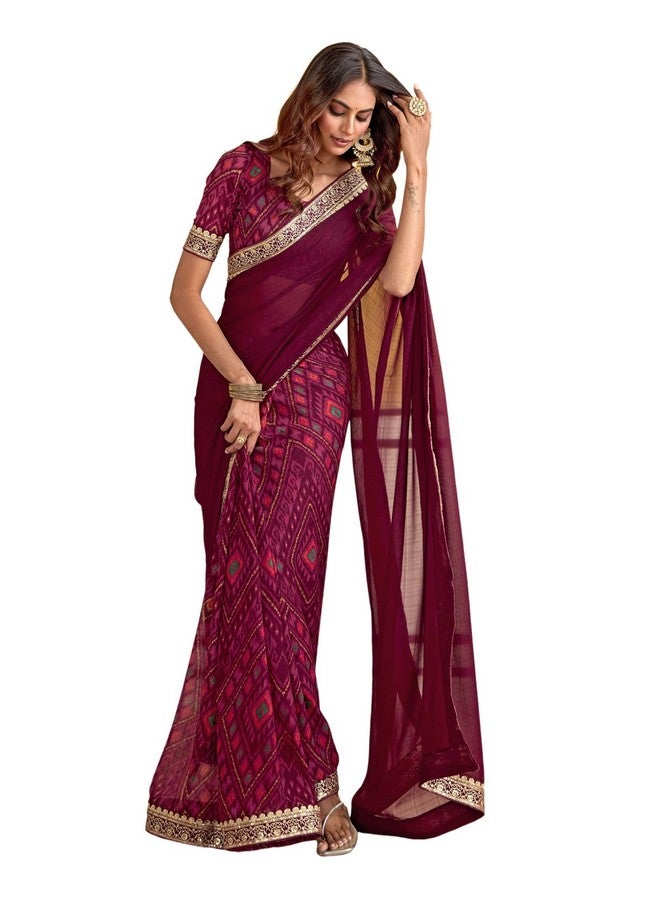 SIRIL Women's Georgette Printed and Embroidery Lace Saree With Unstitched Blouse Piece (4480S993_Maroon) - Image 1