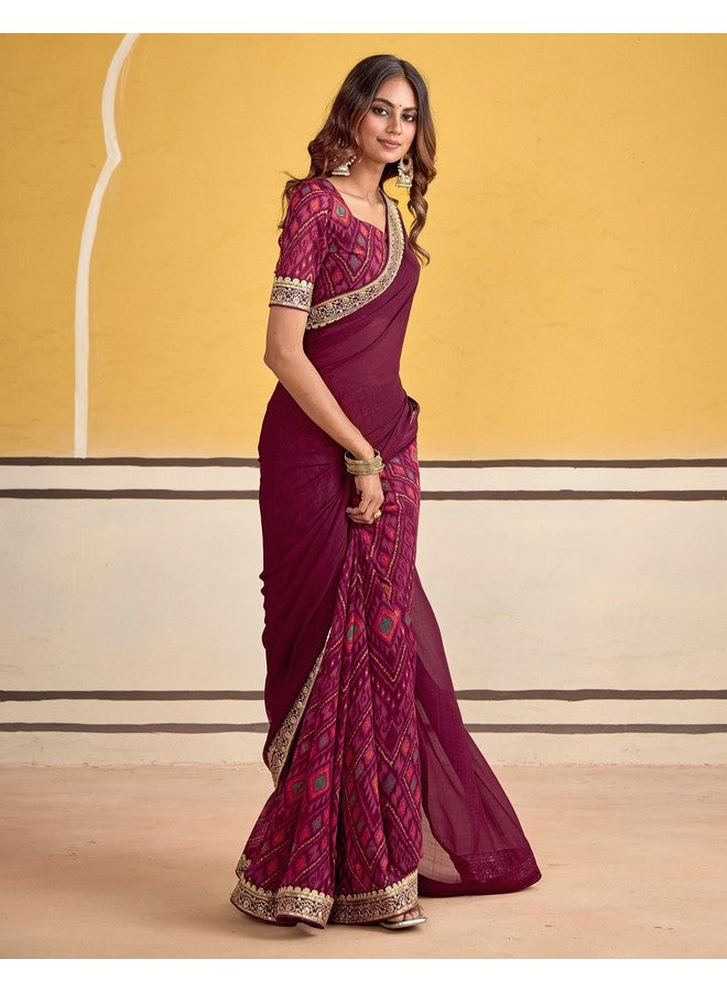 SIRIL Women's Georgette Printed and Embroidery Lace Saree With Unstitched Blouse Piece (4480S993_Maroon) - Image 3