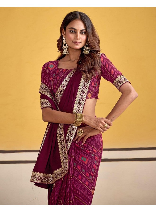 SIRIL Women's Georgette Printed and Embroidery Lace Saree With Unstitched Blouse Piece (4480S993_Maroon) - Image 5