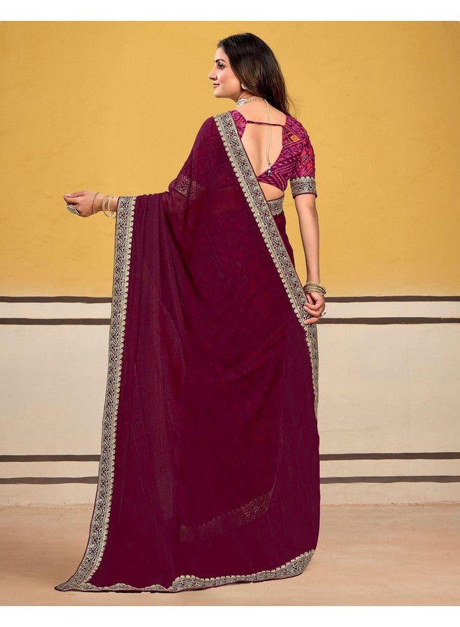 SIRIL Women's Georgette Printed and Embroidery Lace Saree With Unstitched Blouse Piece (4480S993_Maroon) - Image 2