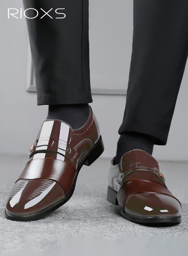 RIOXS Men's Business Casual Leather Loafers, Slip-On Glossy Finish Dress Shoes with Breathable PU Upper and Lightweight, Non-Slip Sole, Classic Round-Toe Oxford Style for Work and Everyday Wear, Ideal for the Office, Driving, Weddings, Parties, and Travel, Brown - Image 3