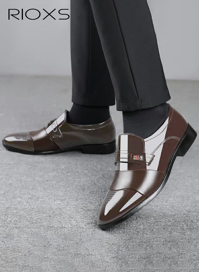 RIOXS Men's Business Casual Leather Loafers, Slip-On Glossy Finish Dress Shoes with Breathable PU Upper and Lightweight, Non-Slip Sole, Classic Round-Toe Oxford Style for Work and Everyday Wear, Ideal for the Office, Driving, Weddings, Parties, and Travel, Brown - Image 5
