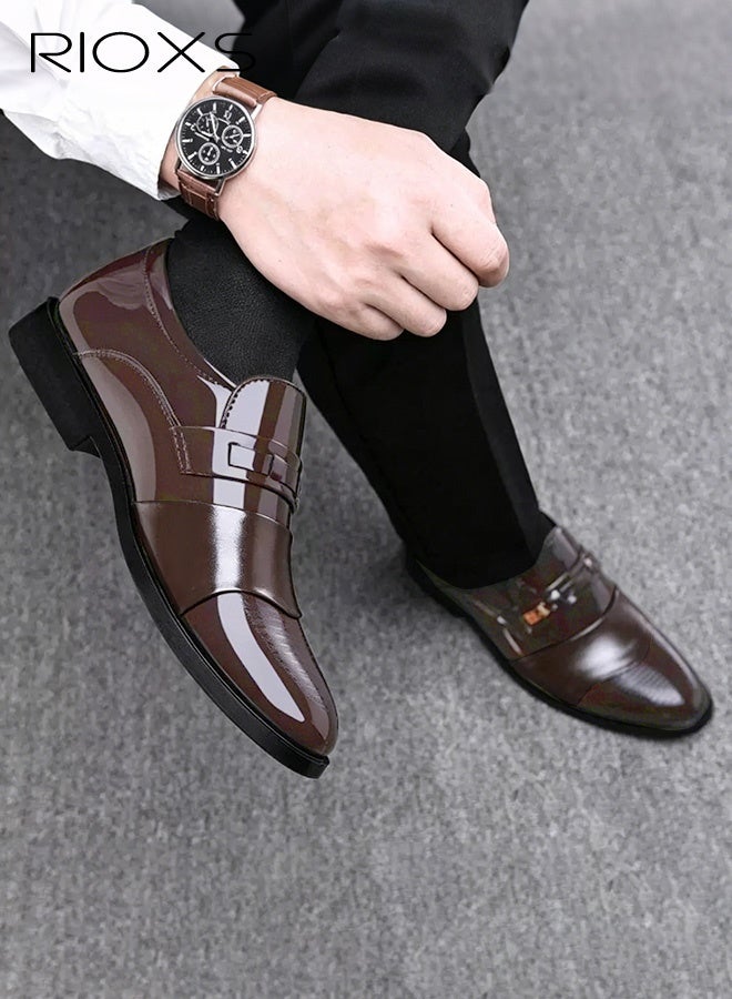 RIOXS Men's Business Casual Leather Loafers, Slip-On Glossy Finish Dress Shoes with Breathable PU Upper and Lightweight, Non-Slip Sole, Classic Round-Toe Oxford Style for Work and Everyday Wear, Ideal for the Office, Driving, Weddings, Parties, and Travel, Brown - Image 1