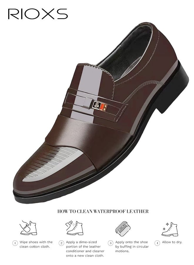 RIOXS Men's Business Casual Leather Loafers, Slip-On Glossy Finish Dress Shoes with Breathable PU Upper and Lightweight, Non-Slip Sole, Classic Round-Toe Oxford Style for Work and Everyday Wear, Ideal for the Office, Driving, Weddings, Parties, and Travel, Brown - Image 4