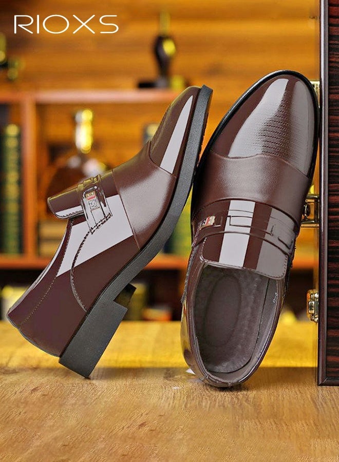 RIOXS Men's Business Casual Leather Loafers, Slip-On Glossy Finish Dress Shoes with Breathable PU Upper and Lightweight, Non-Slip Sole, Classic Round-Toe Oxford Style for Work and Everyday Wear, Ideal for the Office, Driving, Weddings, Parties, and Travel, Brown - Image 2