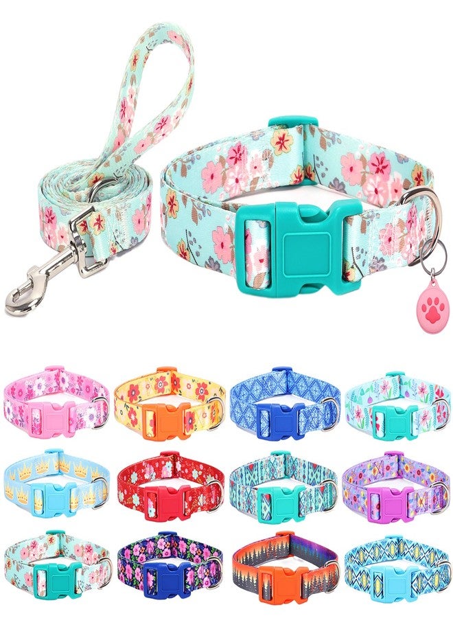 SLZZ Dog Collar with Leash Airtag Holder Case Set - Dog Collars for Male Female Boy Girl Puppy X-Small Small Medium Large Dogs Walking Running Training - Lily Flower/L - Image 1